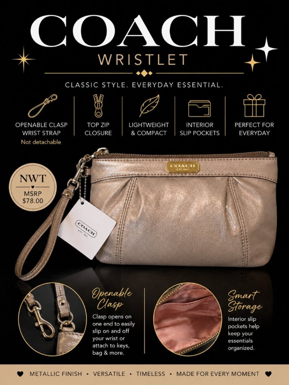 NWT Coach Metallic Pewter Pleated Wristlet F46484 MSRP $78